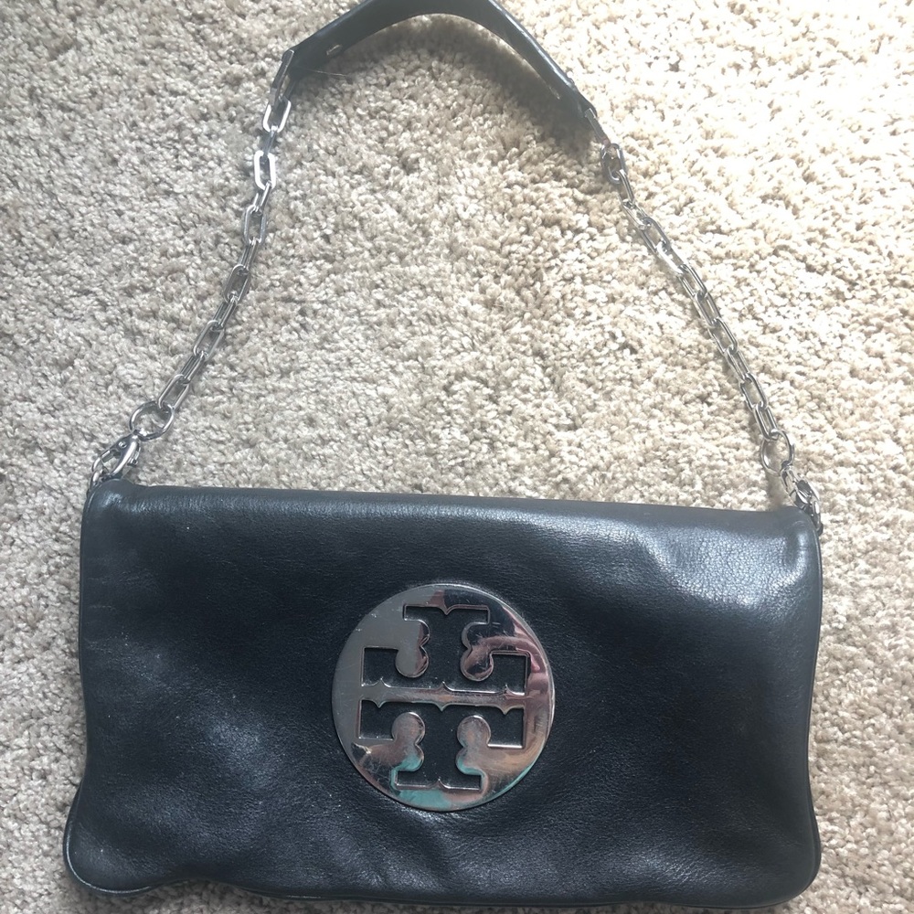 Tory Burch Reva Black Clutch Silver